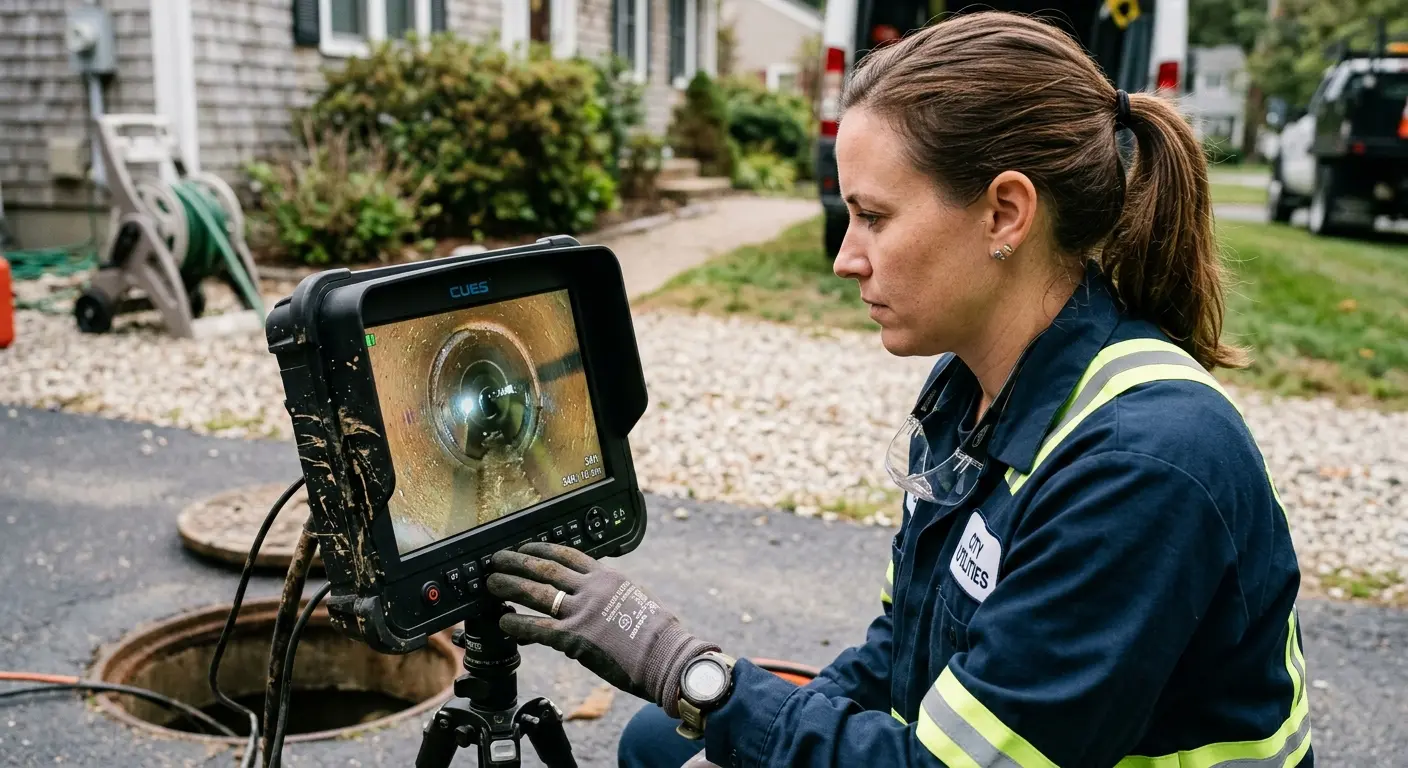 Technician reviewing sewer camera inspection footage in Lahaina