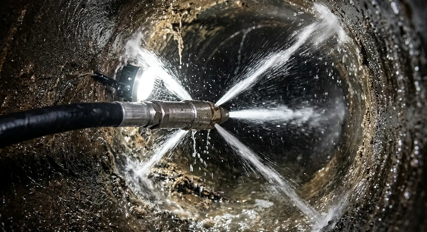 High-pressure hydro jetting nozzle cleaning sewer pipe for Trenchless Sewer Repair in Lahaina