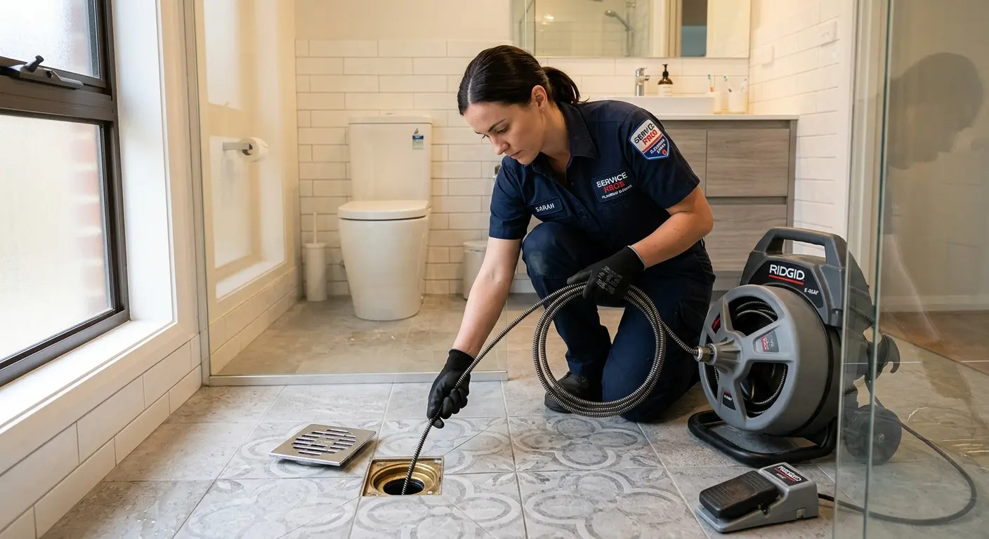 Technician clearing a bathroom floor drain for Drain Repair in Lahaina